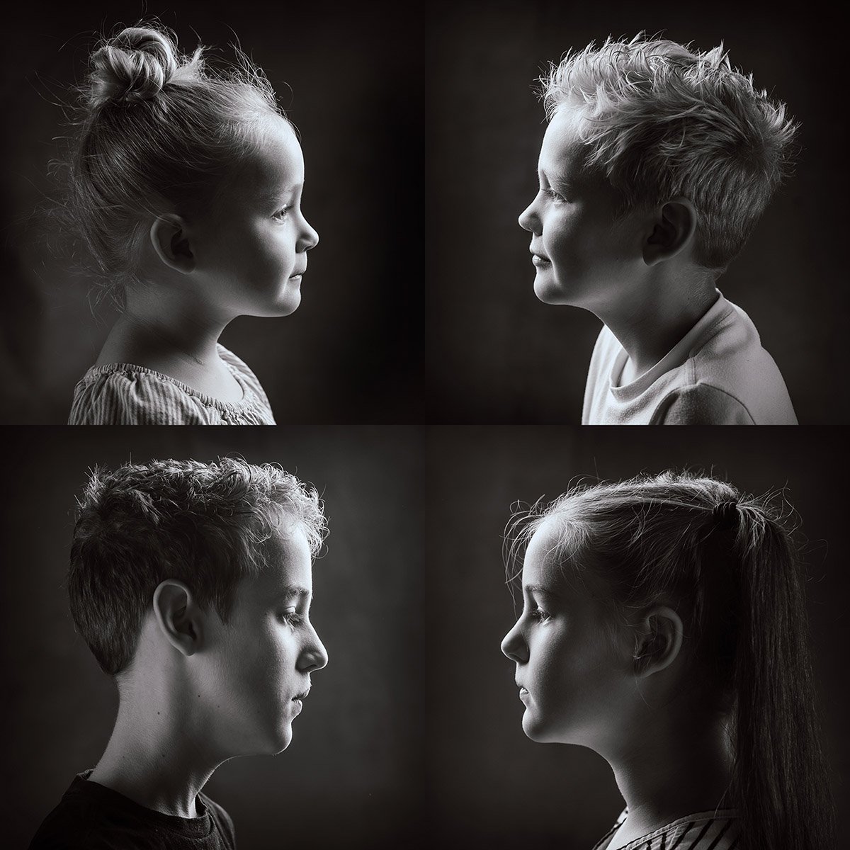 Black and White Profiles of Four Siblings