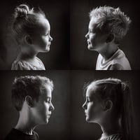 Black and white photo of four children in profile
